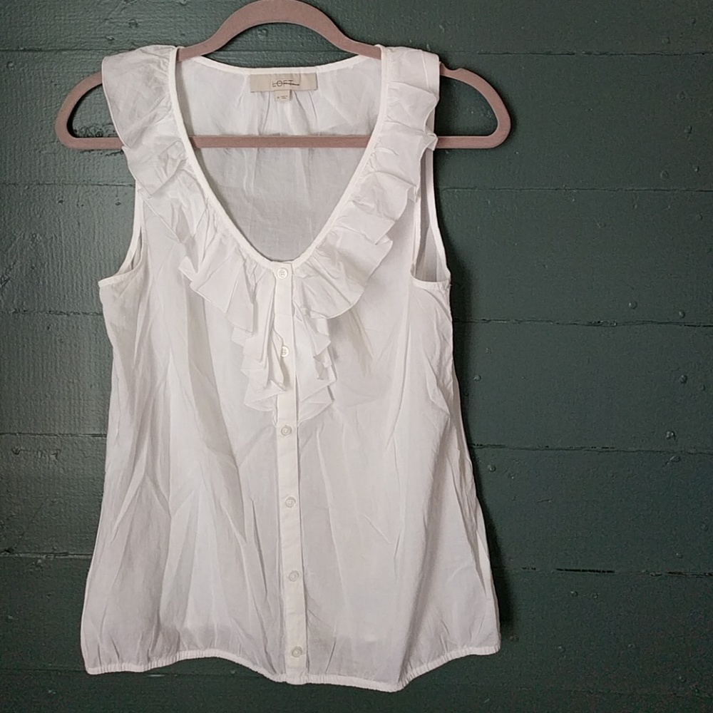 Loft White Ruffle Neck Top